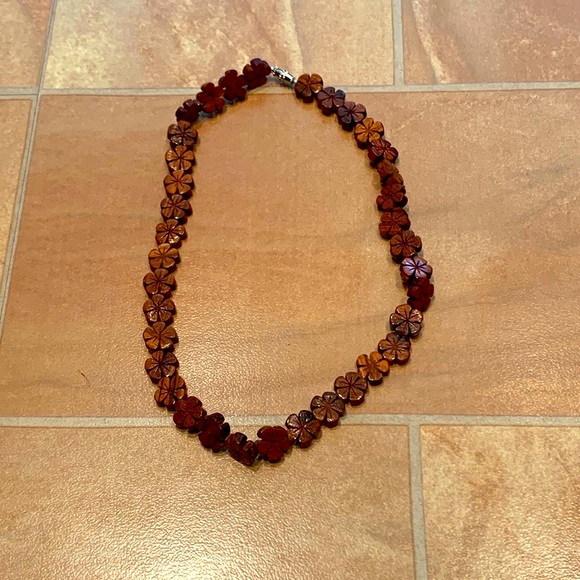 Vintage Jewelry - Vintage Hawaiian Women's Dark Brown Wood 18" Plumeria Flower Floral Necklace